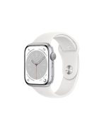 Apple Watch Series 8 (GPS 45 mm) Smart Watch with Silver Aluminium Case and White Sport Band.