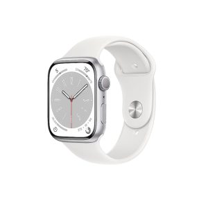 Apple Watch Series 8 (GPS 45 mm) Smart Watch with Silver Aluminium Case and White Sport Band.