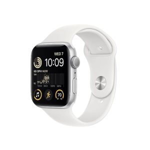 Apple Watch SE (2nd Gen)(GPS 44mm) Smart Watch with Silver Aluminium Case And White Sport Band.