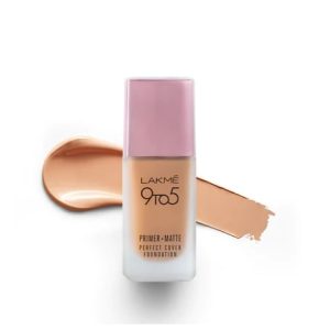 LAKMÉ 9 TO 5 PRIMER + MATTE PERFECT COVER FOUNDATION (W160 Warm Sand, 25ml)