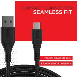 BoAt Micro USB 55 Tangle-Free, Sturdy Micro USB Cable with 3A Fast Charging & 480mbps Data Transmission, 10000+ Bends Lifespan & Extended 1.5m Length Black