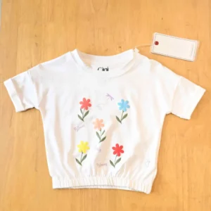 Gini & Jony Girls White Cotton Printed Crew Neck Half Sleeve Top