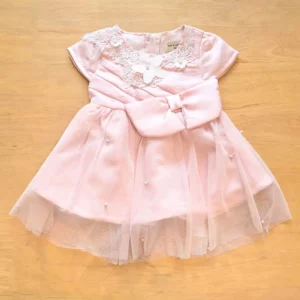 Gini and Jony Girls Pink Embellished Net Fit & Flare Dress with Bow Detail