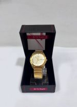 Titan Quartz Analog with Day and Date Champagne Dial Stainless Steel Strap Watch for Men