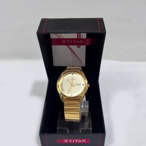 Titan Quartz Analog with Day and Date Champagne Dial Stainless Steel Strap Watch for Men