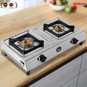 Sunflame Shakti 2 Burner Gas Stove | Stainless Steel, Anti-Skid Feet, Brass Burners