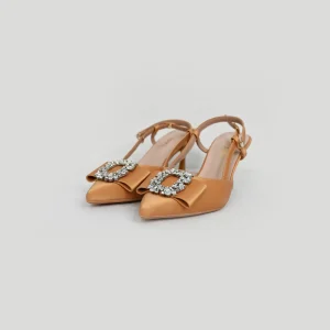Ladamas Womens Slingback Low Kitten Heels, Pumps Closed, Pointed Toe with Rhinestone (Light Brown)(Size: 37;27 cm)