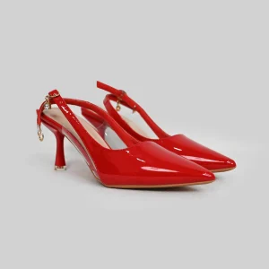 LADAMAS Vibrant Red Patent Pointed-Toe Slingbacks (Size: 37:27cm)