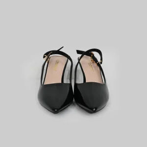 LADAMAS Black Patent Pointed-Toe Slingback Heels (Size: 37:27cm)