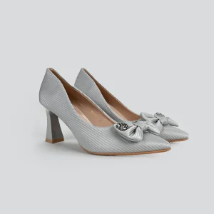 Women's Silver/Grey Pleated Block Heel Pumps with Bow and Rose Detail