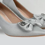 Women's Silver/Grey Pleated Block Heel Pumps with Bow and Rose Detail - Image 4