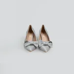 Women's Silver/Grey Pleated Block Heel Pumps with Bow and Rose Detail - Image 2