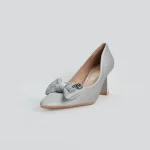 Women's Silver/Grey Pleated Block Heel Pumps with Bow and Rose Detail - Image 3