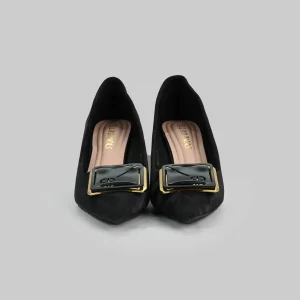 LADAMAS Black Suede Block Heel Pumps with Statement Buckle