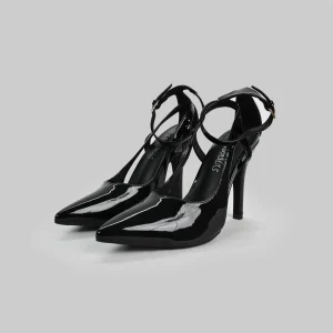 LADAMAS Black Patent Pointed-Toe Ankle-Strap Pumps