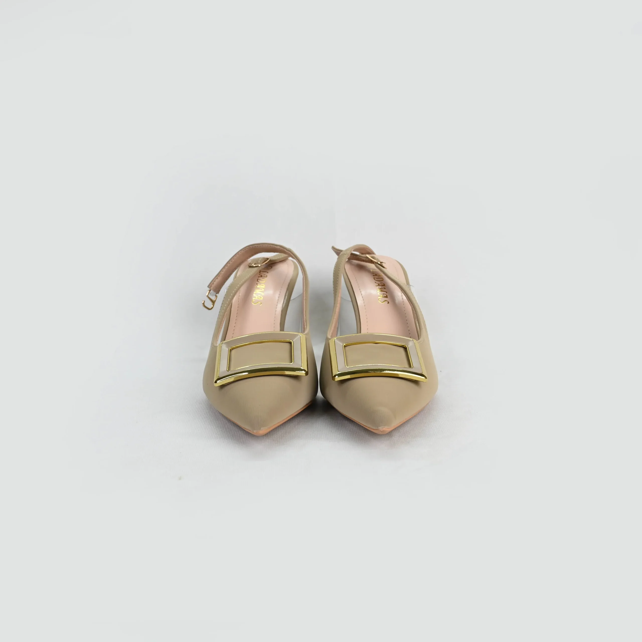 EXL_1369-new LADAMAS Nude Slingback Pumps with Gold-Trimmed Buckle and Clear Detail - Image 1