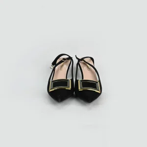LADAMAS Black Suede Slingback Heels with Gold-Trimmed Buckle