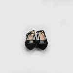 LADAMAS Black Suede Slingback Heels with Crystal Bow Embellishment