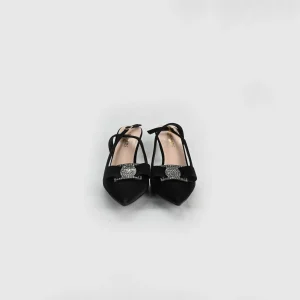 LADAMAS Black Suede Slingback Heels with Crystal Bow Embellishment