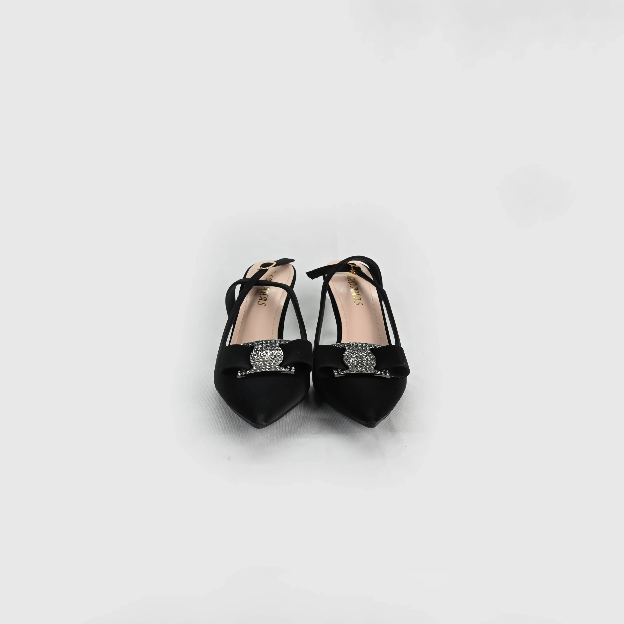 EXL_1391-new LADAMAS Black Suede Slingback Heels with Crystal Bow Embellishment - Image 1