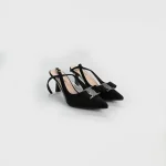 LADAMAS Black Suede Slingback Heels with Crystal Bow Embellishment - Image 2