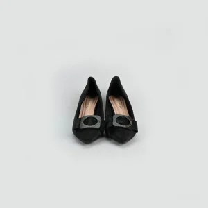 LADAMAS Black Suede Pumps with Ornate Buckle
