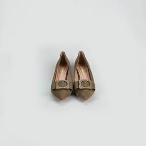 LADAMAS Taupe Suede Pumps with Ornate Buckle