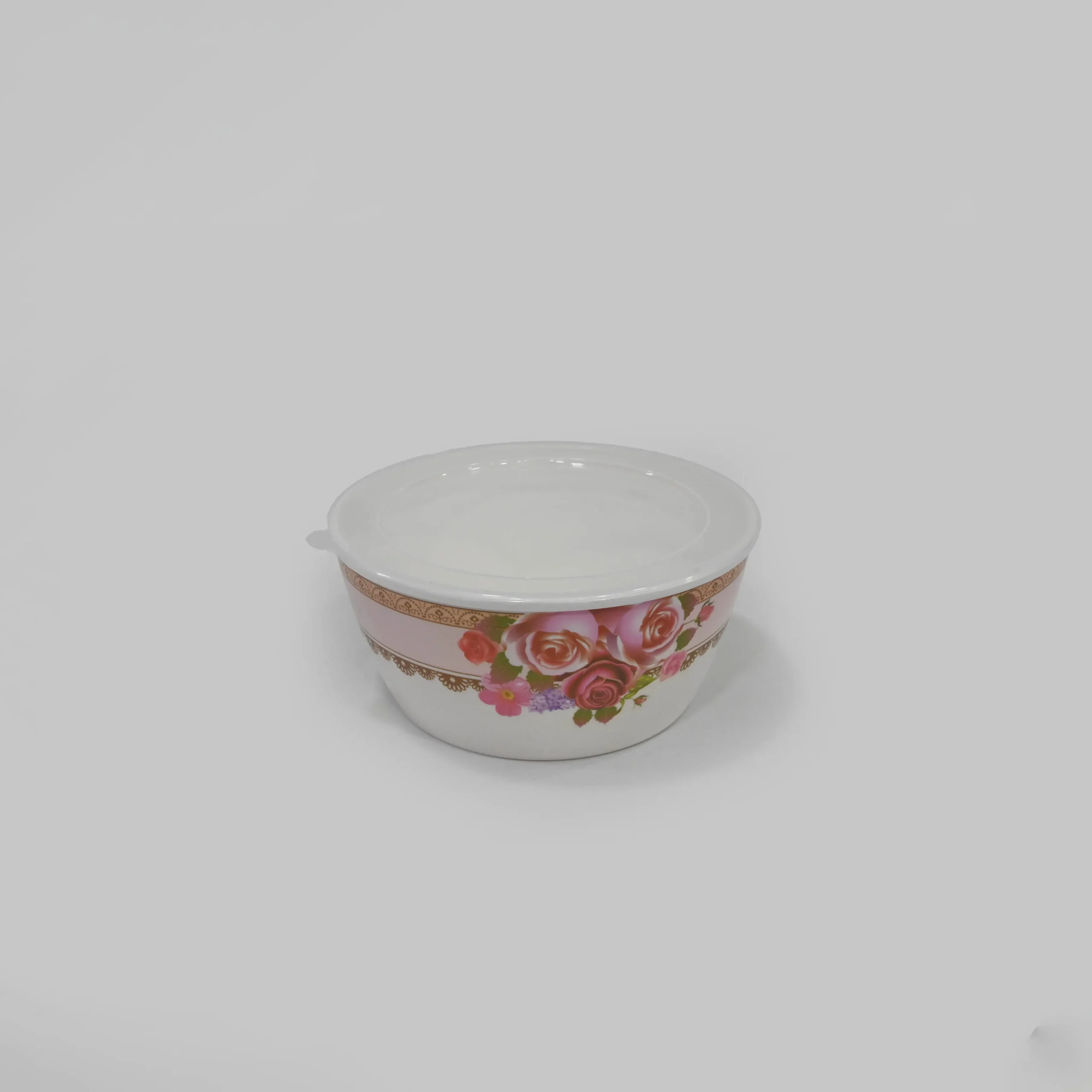 EXL_1781-new Floral Printed Plastic Bowl with Lid – Rose Design - Image 1