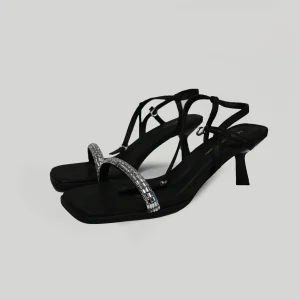 Women's Black Rhinestone Strap Heel Sandals