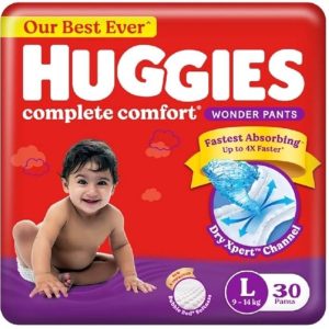 Huggies Complete Comfort Wonder Pants Large (L) Size (9-14 Kgs) Baby Diaper Pants, 30 count
