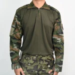 Military Style Combat T-Shirt, Camouflage Sleeves, Half Zip Collar, Olive Green - Image 2