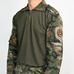 Military Style Combat T-Shirt, Camouflage Sleeves, Half Zip Collar, Olive Green