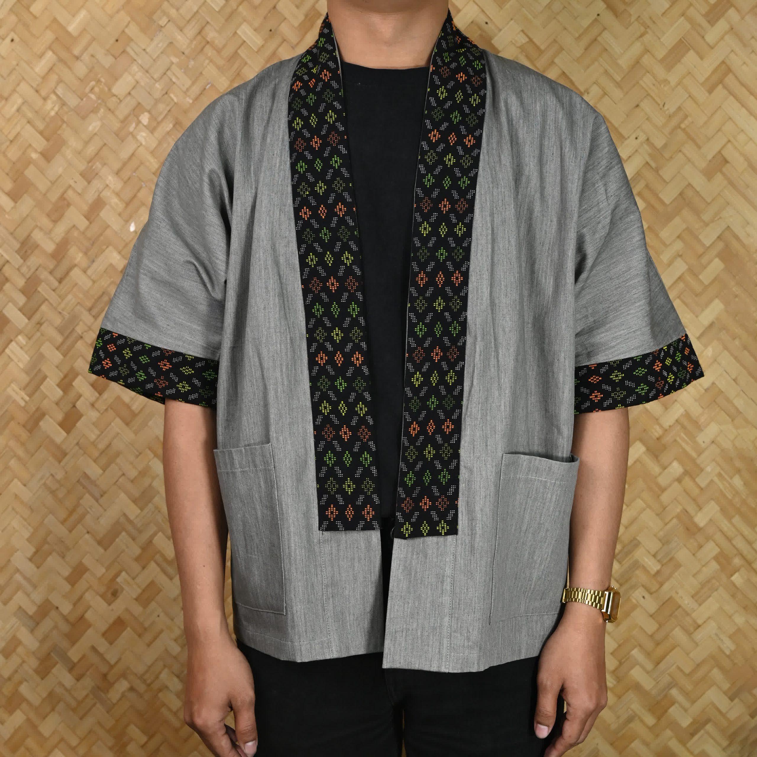 EXL_8320-new Mizo Ash Grey Handwoven Trim Off Shoulder Shirt Coat (Exclusive Product) - Image 1