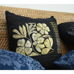 Exclusive Handmade Floral Throw Pillow – Hand-Painted Black & Gold Cushion Cover