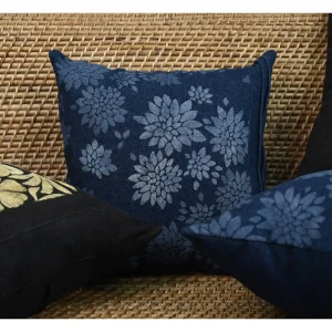 Handmade Exclusive Hand-Painted Floral Cushion Cover – Navy Blue