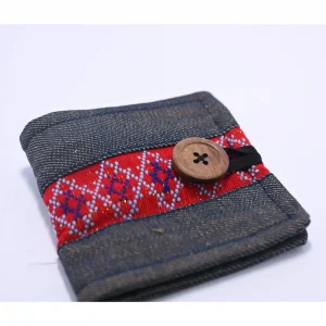 Zopar Handcrafted Indigo Denim Wallet with Traditional Red Woven Band & Wooden Button Closure