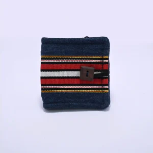 Zopar Exclusive Handcrafted Denim Pouch Wallet with Traditional Woven Stripe & Wooden Button Accent