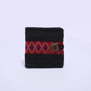 Zopar Handmade Black Denim Wallet with Traditional Red Woven Band & Wooden Square Button Closure