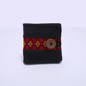 Handcrafted Black Denim Wallet with Traditional Red Woven Band & Wooden Button by Zopar