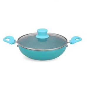 NAVRANG Cookware Aluminium Kadhai 220 with Glass Lid | Non-Stick 2.5 LTR Kadai Soft Touch Handle and Knob | Non Induction - Aqua Blue